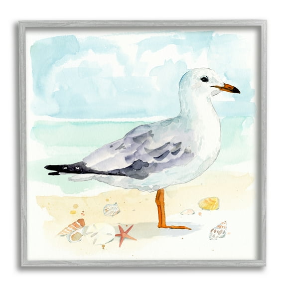 Stupell Industries Seagull & Seashells on Shore Animals & Insects Painting Gray Framed Art Print Wall Art, 17 x 17