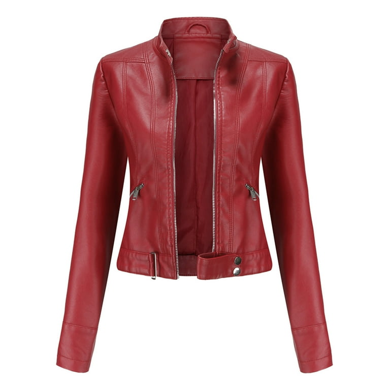 PMUYBHF Womens Leather Jacket Motorcycle Women Ladies Lapel Motor Jacket  Coat Zip Biker Short Punk Cropped Cot Outerwear Hiking Jacket Women  Oversized