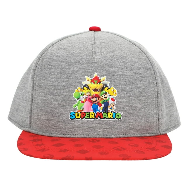 Super Mario Bros. Group Shot Kids Snapback Hat featuring a grey jersey crown with a vibrant graphic of Mario, Luigi, Toad, Princess Peach, Yoshi, and Bowser on the front. The red flat bill displays subtle Super Mario-themed patterns. Designed with a structured fit, six panels with eyelets, and adjustable snapback closure. Perfect for fans and suitable as a kids' summer hat. Officially licensed by Bioworld.