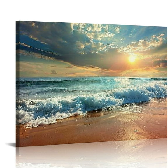 Acheng Beach Canvas Wall Art for Living Room Bedroom Home Decorations Sunrise Blue Ocean Sea Beach Pictures Art Decor Modern Stretched and Framed Seascape Waves Landscape Canvas 20x16in