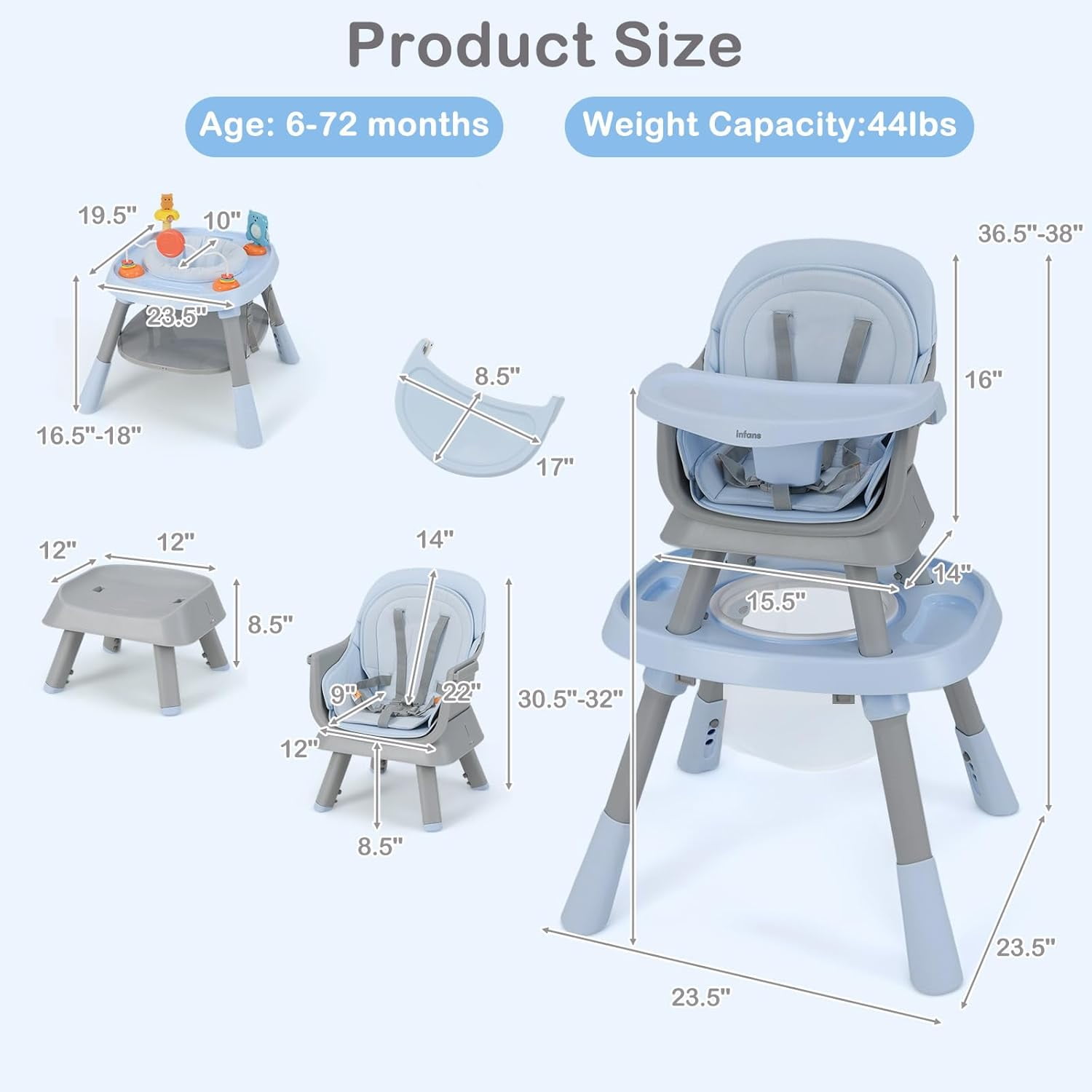 INFANS 9 in 1 High Chair, Convertible Baby Highchair for Babies and Toddlers, Table and Chair Set Building Block Infant Dining Booster Seat, Kids Stool with Activity Children Play Kitchen