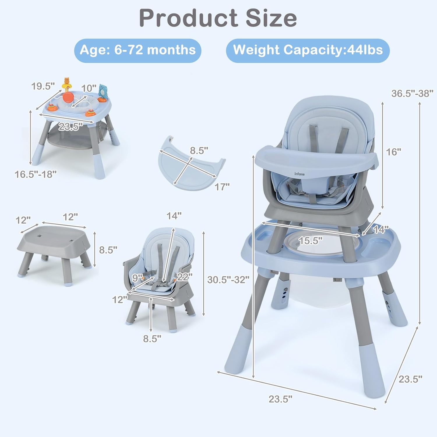 Olakids Infans 9-in-1 Convertible High Chair, Blue photo 8