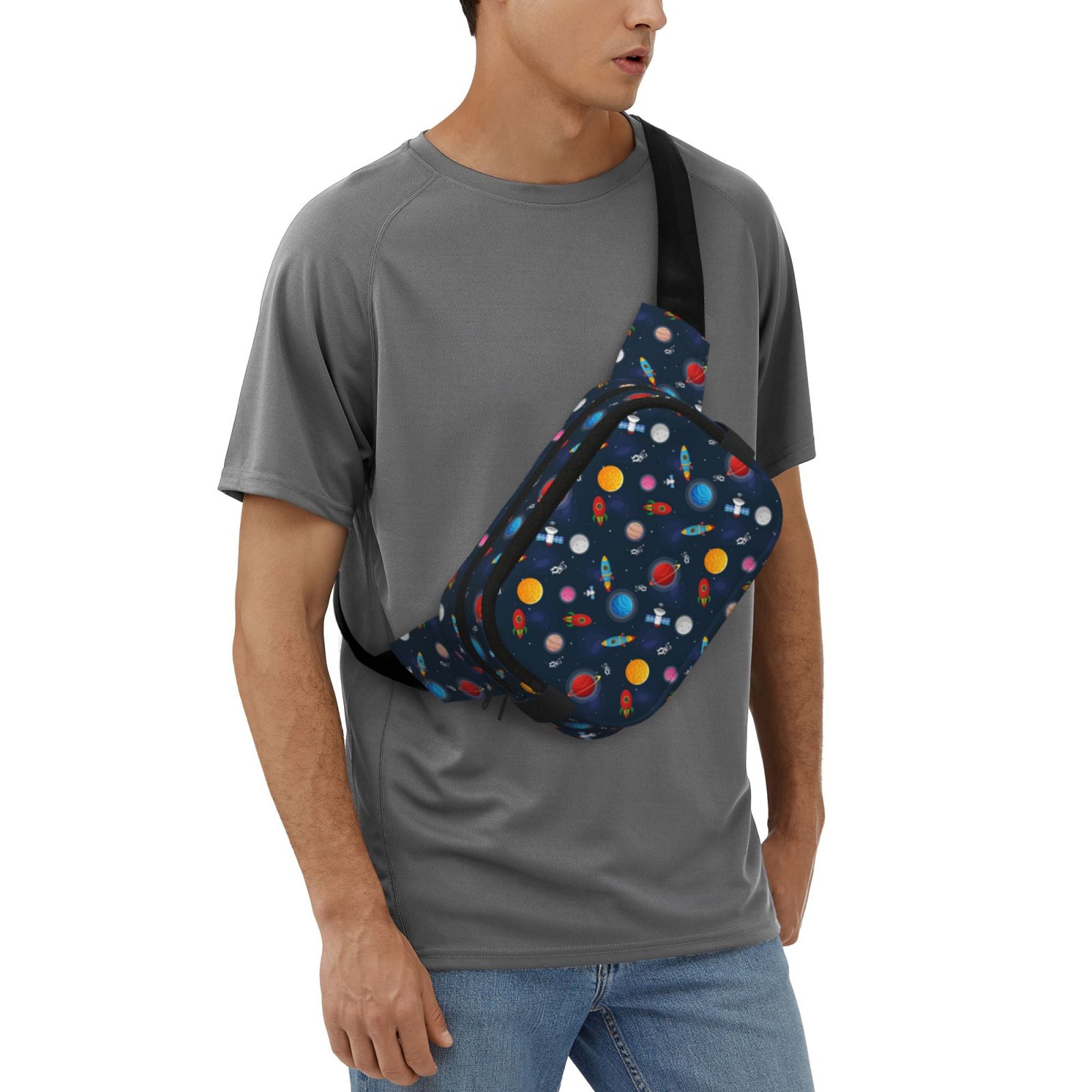 Fuzoiu Space Cartoon Print Unisex Square Double Layer Waist Bag,Crossbody Fanny Pack Travel Workout Accessory