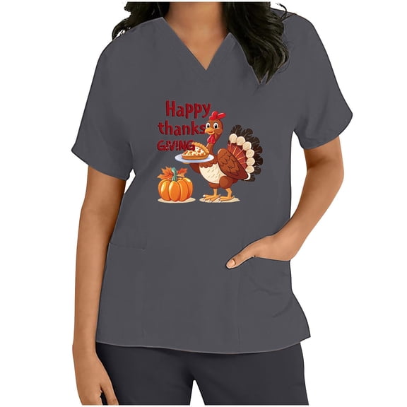 Haivin Thanksgiving Womens Short Sleeve V-Neck Tops with Dual Pockets, Cotton Nursing Uniform for Medical and Home Care