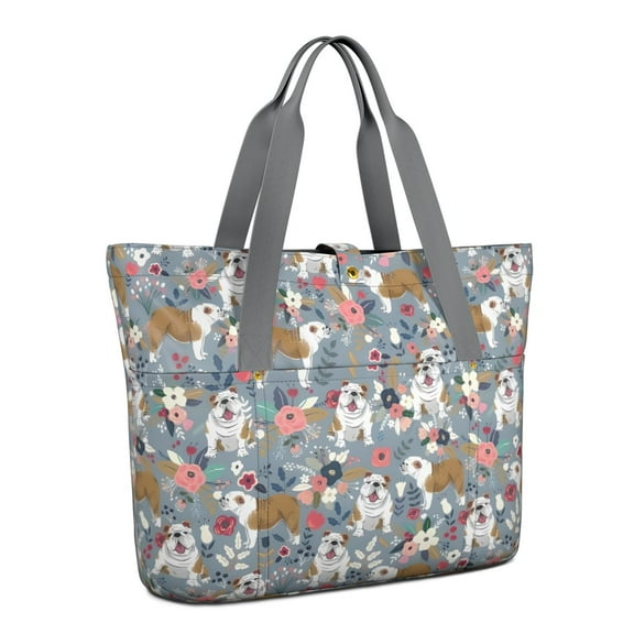 Tote Bag for Women - Bulldog Dog and Flower Florals Shoulder Bag - Large Utility Work Duffle Bag with Zipper Handbag for Travel, Work, Sprots
