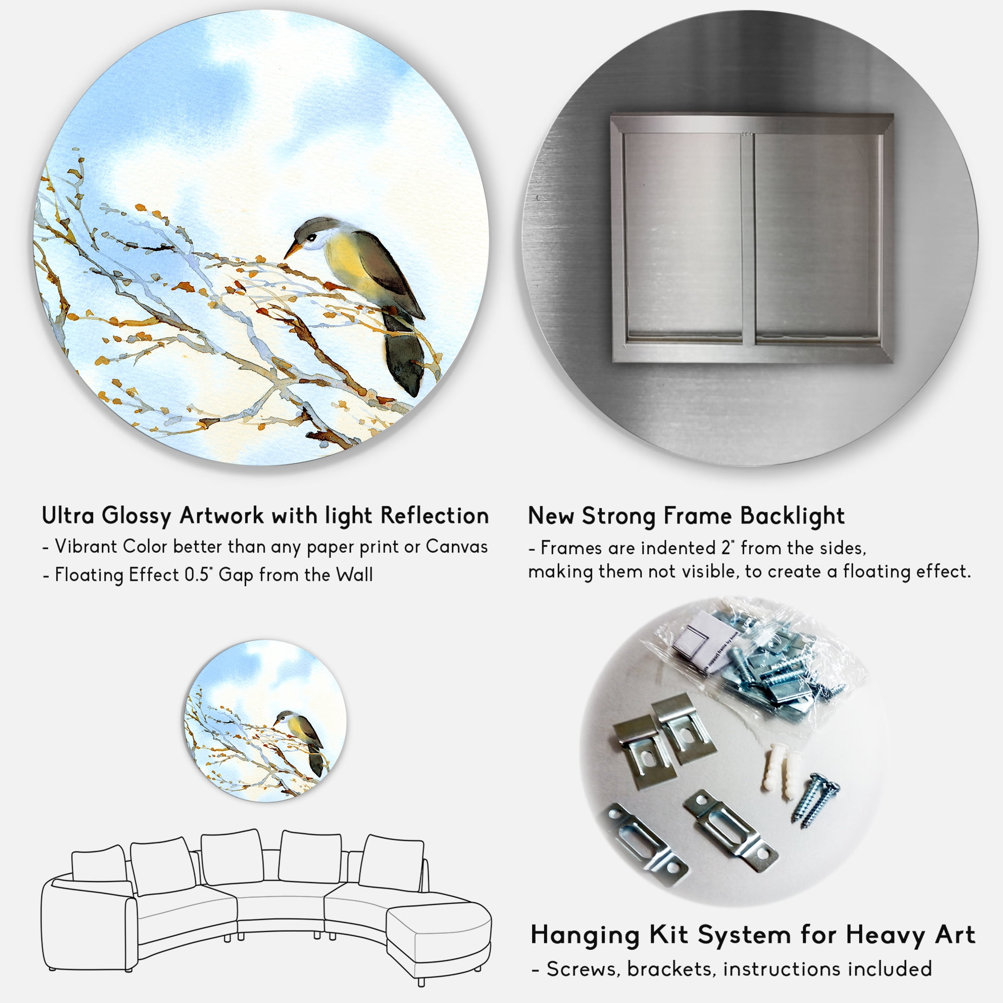 Designart 'Old Bird Sitting On Tree' Traditional Circle Metal Wall Art 29x29 - Disc of 29