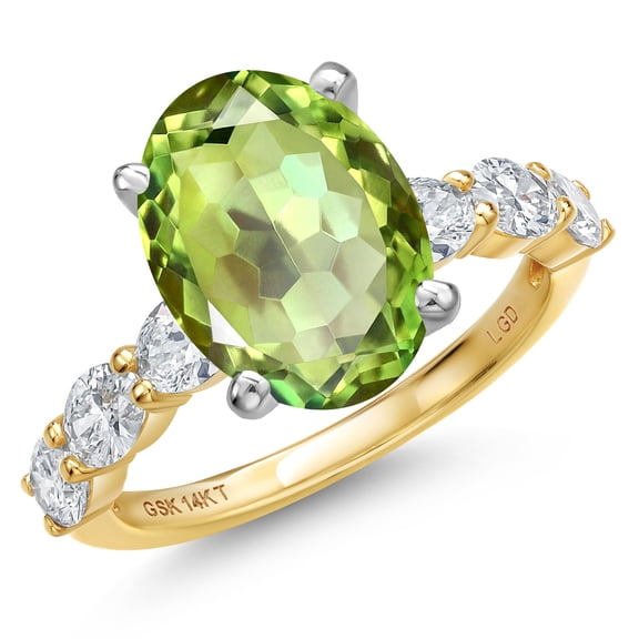 Gem Stone King 14K Two Tone Gold Green Apple Mystic Quartz and Lab Grown Diamond Engagement Ring for Women | 5.73 Cttw | Oval 12X10MM | Gemstone Birthstone | Size 8