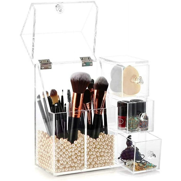 HBlife Makeup Brush Holder, Acrylic Makeup Organizer with 2 Brush Holders  and 3 Drawers Dustproof Box, Free Beige Pearl Included