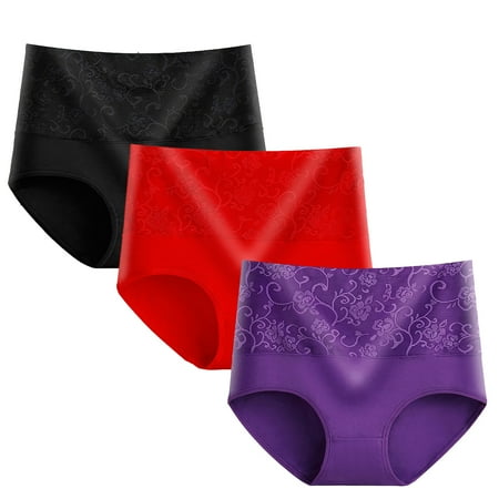 Odbmxy 3 PC Lace Women s Plus Size Panties Briefs High Waisted Cotton Women s Underwear Purple Solid Color Stretch Underpants