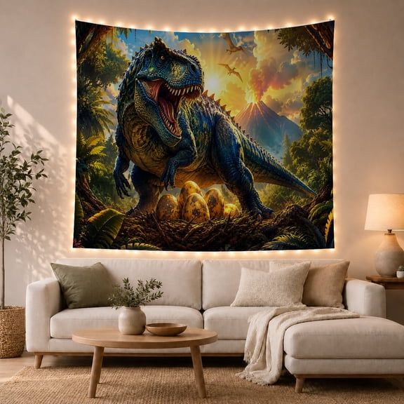 Blue Tyrannosaurus Rex in Volcanic Jungle Sunset, Dramatic Fantasy Art for Kids, Epic Prehistoric Wall Decor, Birthday Gift, Tapestry Wall Hanging for Bedroom and Gaming Room