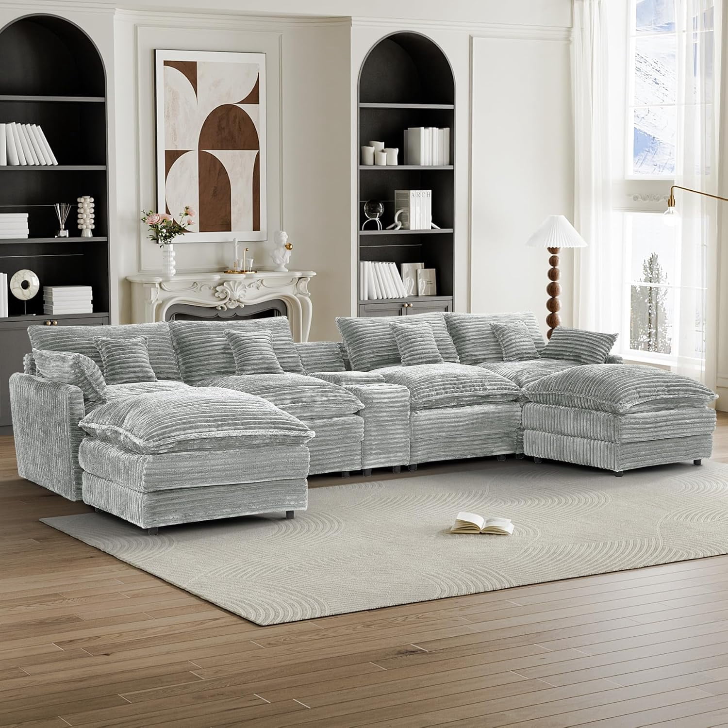 Howcool 145" U Shaped Modular Sectional Sofa, 6 Seat Oversized Cloud Couch with Double Chaise & Central Console, Plush Corduroy Sectional Couch with USB Ports, for Living Room,Light Grey