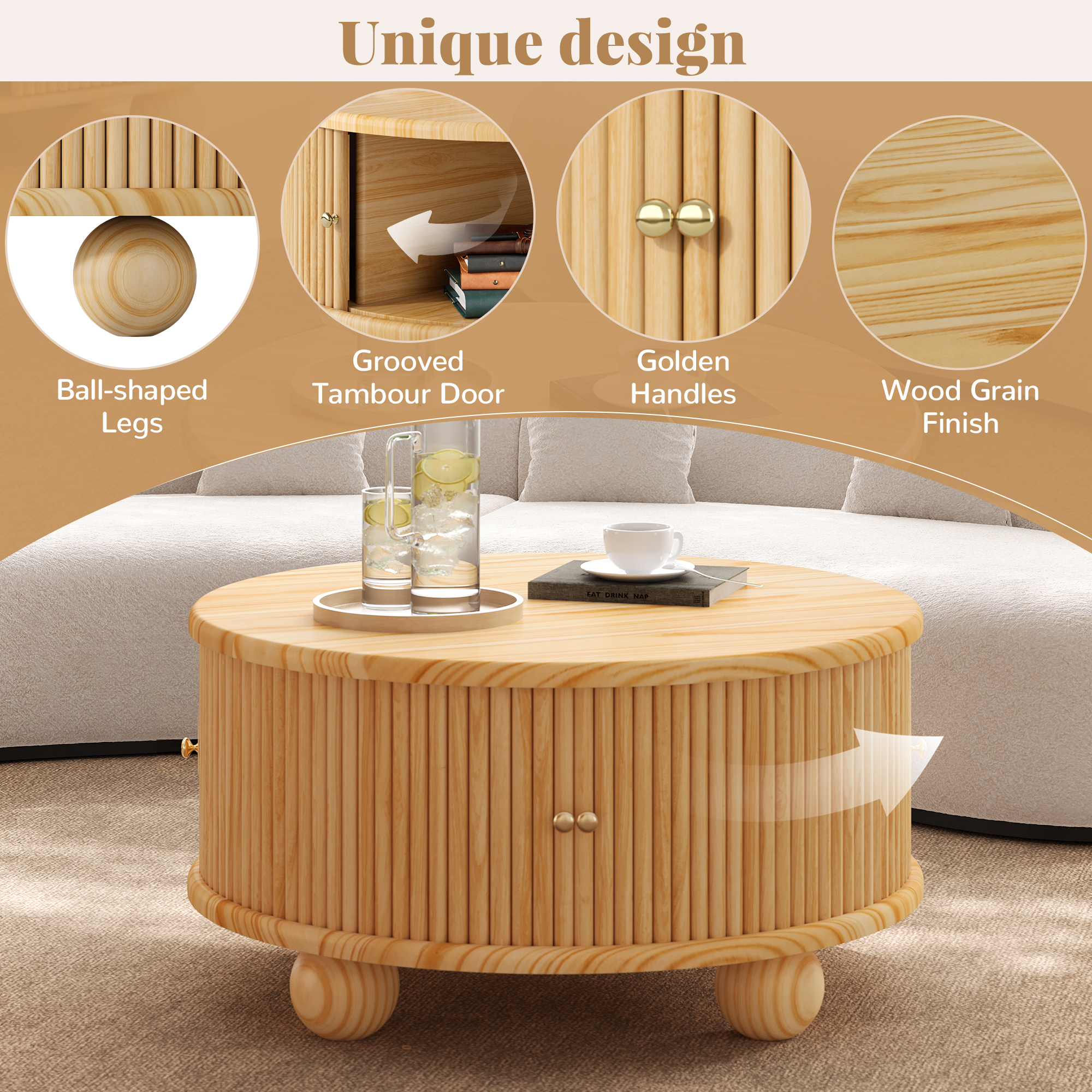 Euroco Round Fluted Coffee Table with Storage, Sliding Door, Natural, 31.8"
