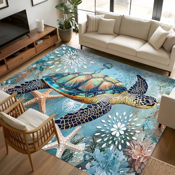 8x10 Area Rugs Coastal Sea Turtle Non-Skid Rubber Backing Large Rectangle Rugs - Living Room Bedroom Home Office, Vintage Teal Nautical Beach Botanical Indoor Floor Mat Carpets Washable Rug