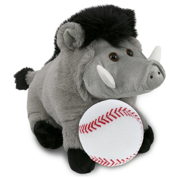 DolliBu Grey Boar Stuffed Animal with Baseball Plush - Soft, Huggable Boar, Great Gifts for Kids Who Love Baseball, Cute Wild Animal Plush with Plush Baseball Toy for Kids, Adults - 7.5 Inches