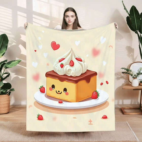 Cozy Flannel Blanket with Cute Cake & Strawberry Design - Soft Warm Perfect for Sofa Travel Bed or Chair - Whimsical Comfort
