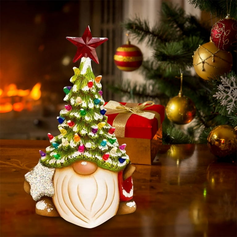 Ceramic Christmas Tree Gnome Tabletop Christmas Tree Small Porcelain Xmas Tree Multi Color Light Up with Star for Xmas Holiday D