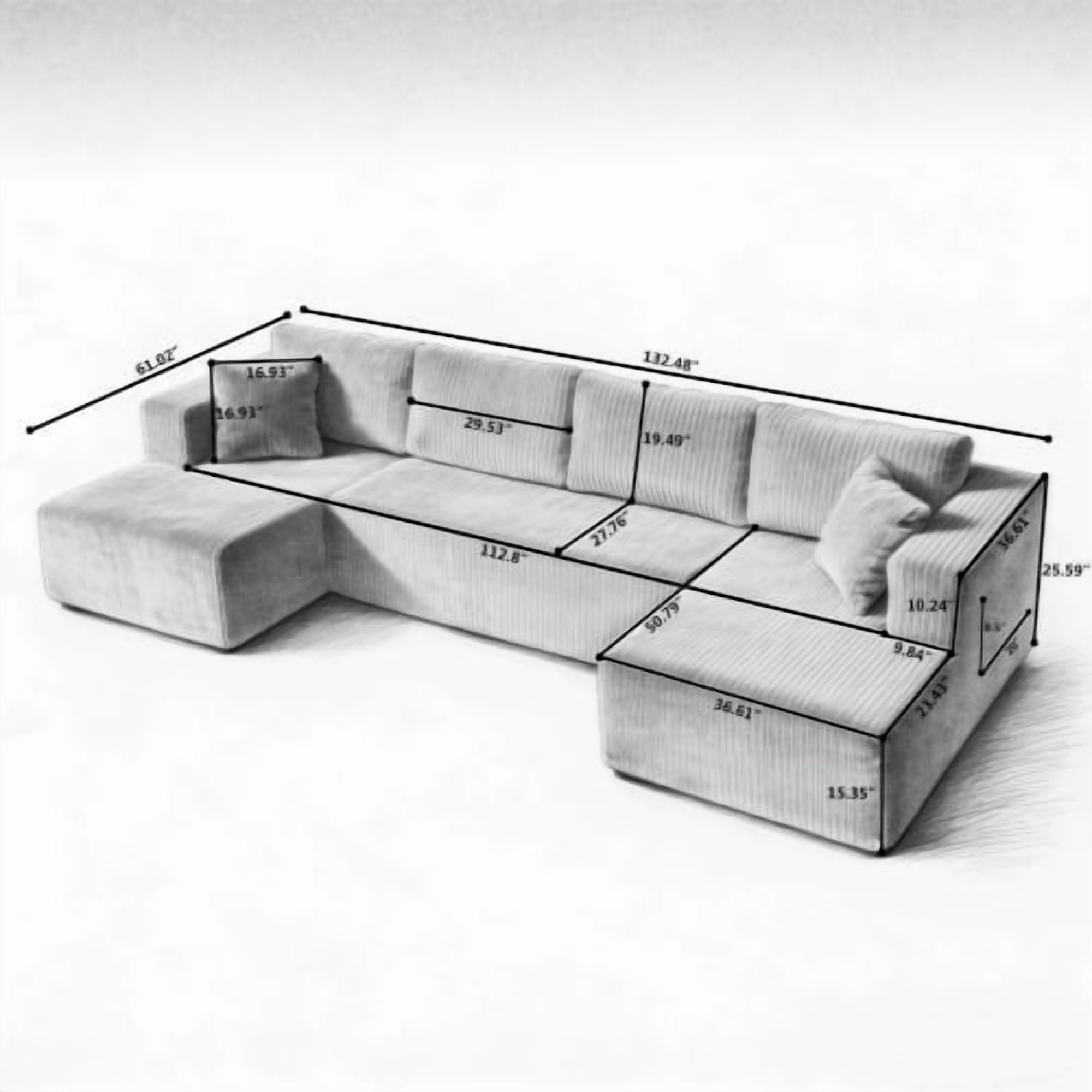 132" U-Shaped Modular Sectional Sofa, Compressed Cloud Couch with Side Pockets, Corduroy Memory Foam Sleeper Sofa, No Assembly Required, Gray