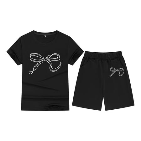 WhouRiu Big Girls Outfit Set Short Sleeve Bow Print T Shirt Loose Shorts Child Comfy Streetwear Outfits Black.Sizes 8-9