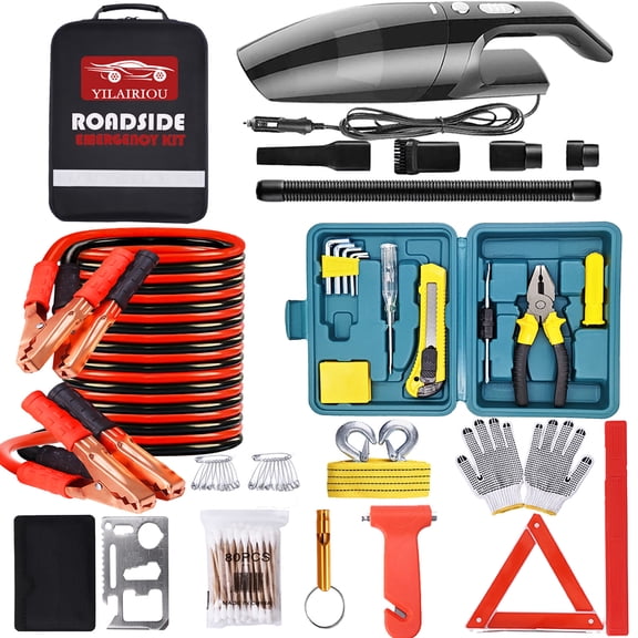 YILAIRIOU Roadside Car Emergency Kit- Car Safety Kit,Car Kits Emergency,High Power Car Vacuum,Jumper Cable Kits,Reflective Warning Triangle,Car Emergency Kit
