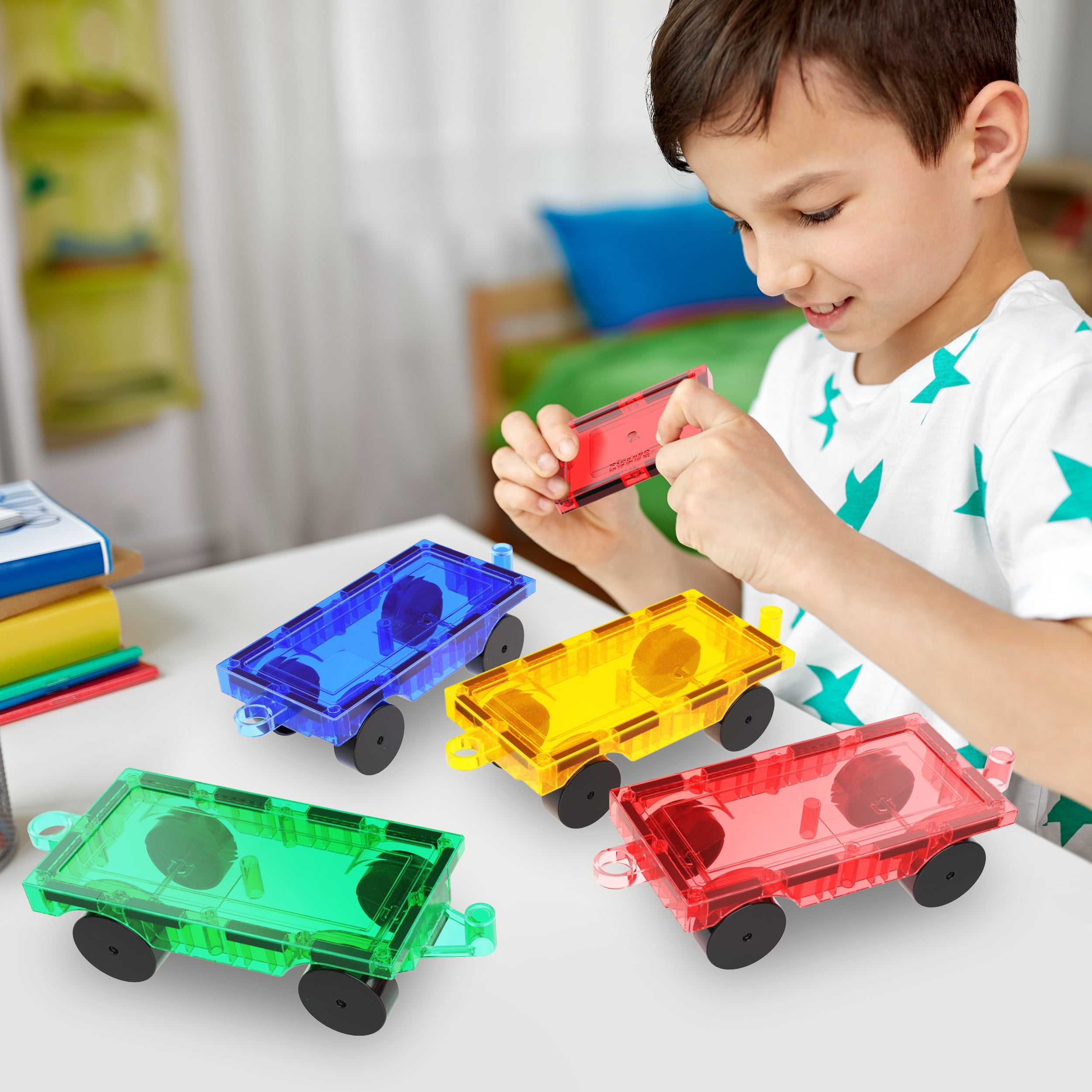PicassoTiles 4PC Magnetic Tiles Car Truck Base Construction Building Toy , Educational STEM Building Kits for Kids