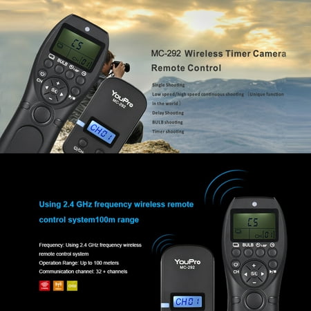 YouPro MC-292 DC2 2.4G Wireless Remote Control LCD Timer Shutter Release Transmitter Receiver 32 Channels for Nikon D750 D7200 D7100 D7000 D610 D600 D5500 D5300 D5200 D5100 D5000 D3300 D3200 D3100