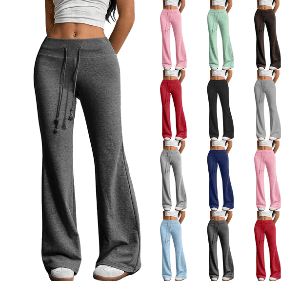 Cyglowse Women's Drawstring Waist Bell Bottom Flare Leg Sweatpants Sports Causal Pants Dark Gray L