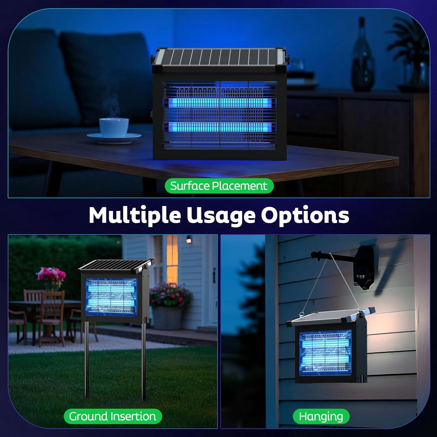 Solar Bug Zapper Outdoor, Mosquito Zapper Waterproof Electric Fly Zapper Rechargeable Mosquito Killer Lamp with 10W Solar Panel, 4500V Cordless Fly Trap for Backyard, Patio, Garden, RV, Camping。