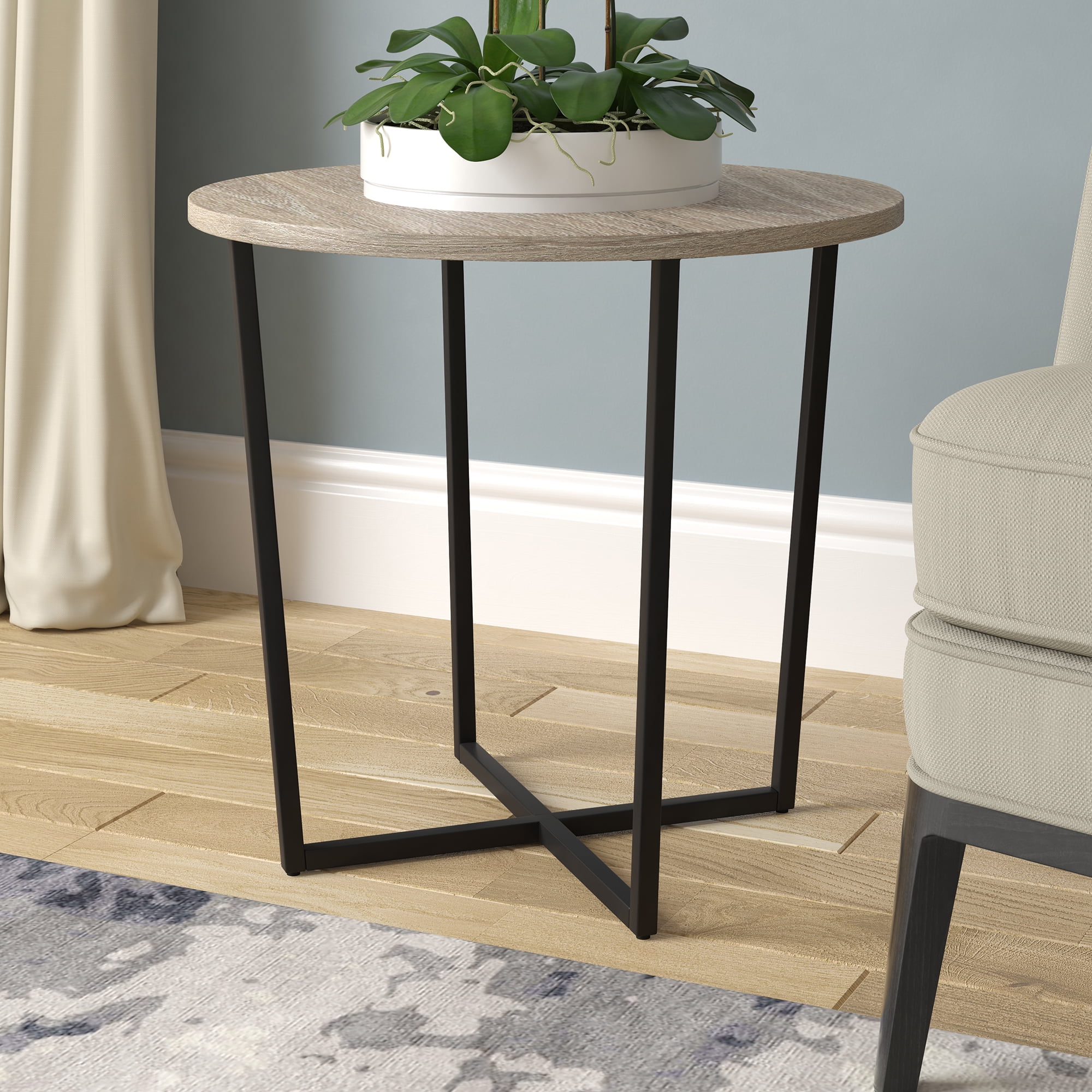 Evelyn&Zoe Pivetta 22" Wide Round Side Table with MDF Top, Blackened Bronze/Antiqued Gray Oak