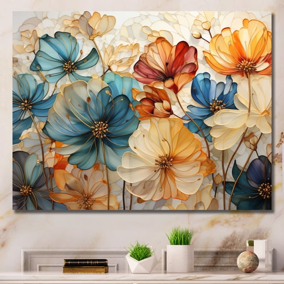 Designart "Blue Orange Petal Mosaics II" Abstract Botanicals Wall Art Print