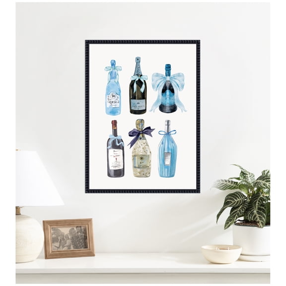 Kate and Laurel Framed Canvas Wall Art Print Blue Champagne (28x38in) by Honey Island Studio, 18 x 24 Sylvie Beaded Black Frame, Modern Contemporary, Still Life Art for Wall Decor