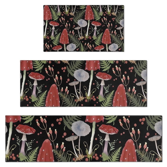 Red Mushroom Fern Black Pattern Kitchen Rugs Sets Of 3,Kitchen Runner Rugs Non Skid Washable,Decorative Kitchen Floor Mats for Kitchen,Sink,Laundry,17"x30"  17"x47"   17"x59"