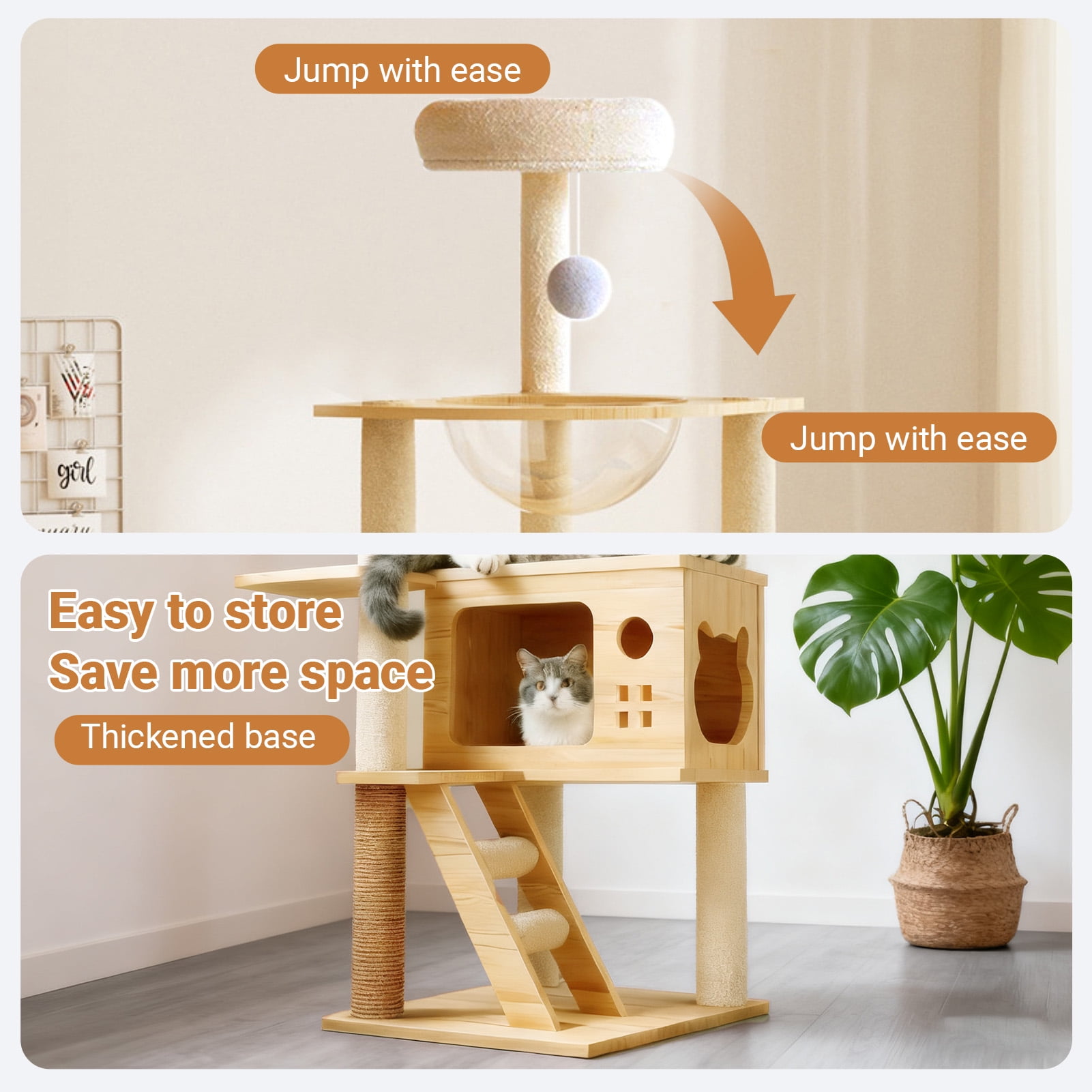 Vacmaster 48.8in Modern Cat Tower, Wood Cat Tree Tower for Indoor Cats, Cat Treewith Sisal-Covered Scratching Posts and Top Perch, Cat Condo with Acrylic Hammock for Small Large Cats