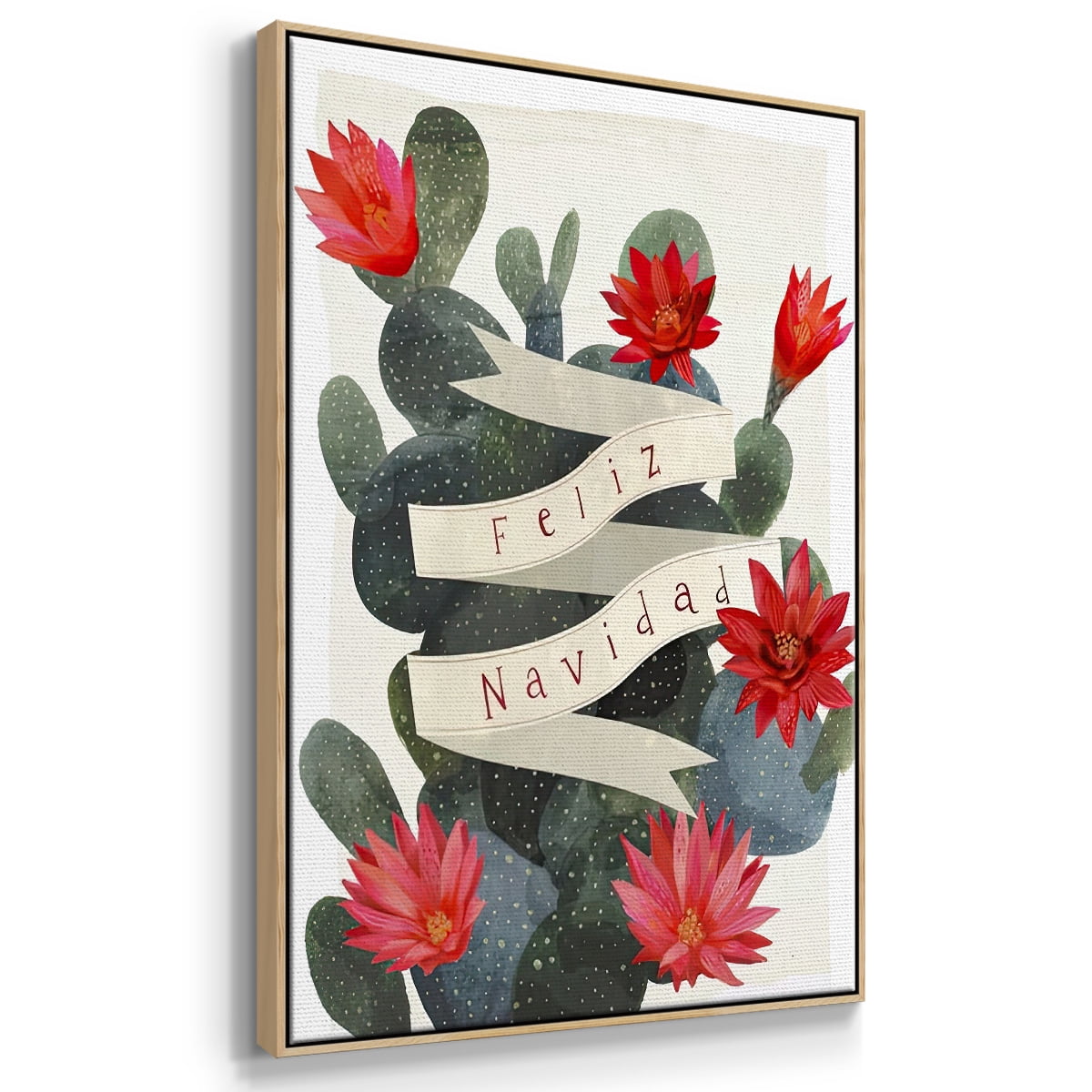 Desert Christmas Cactus I - Framed Gallery Wrapped Holiday Canvas - 17 x 25 - Natural Wood Frame