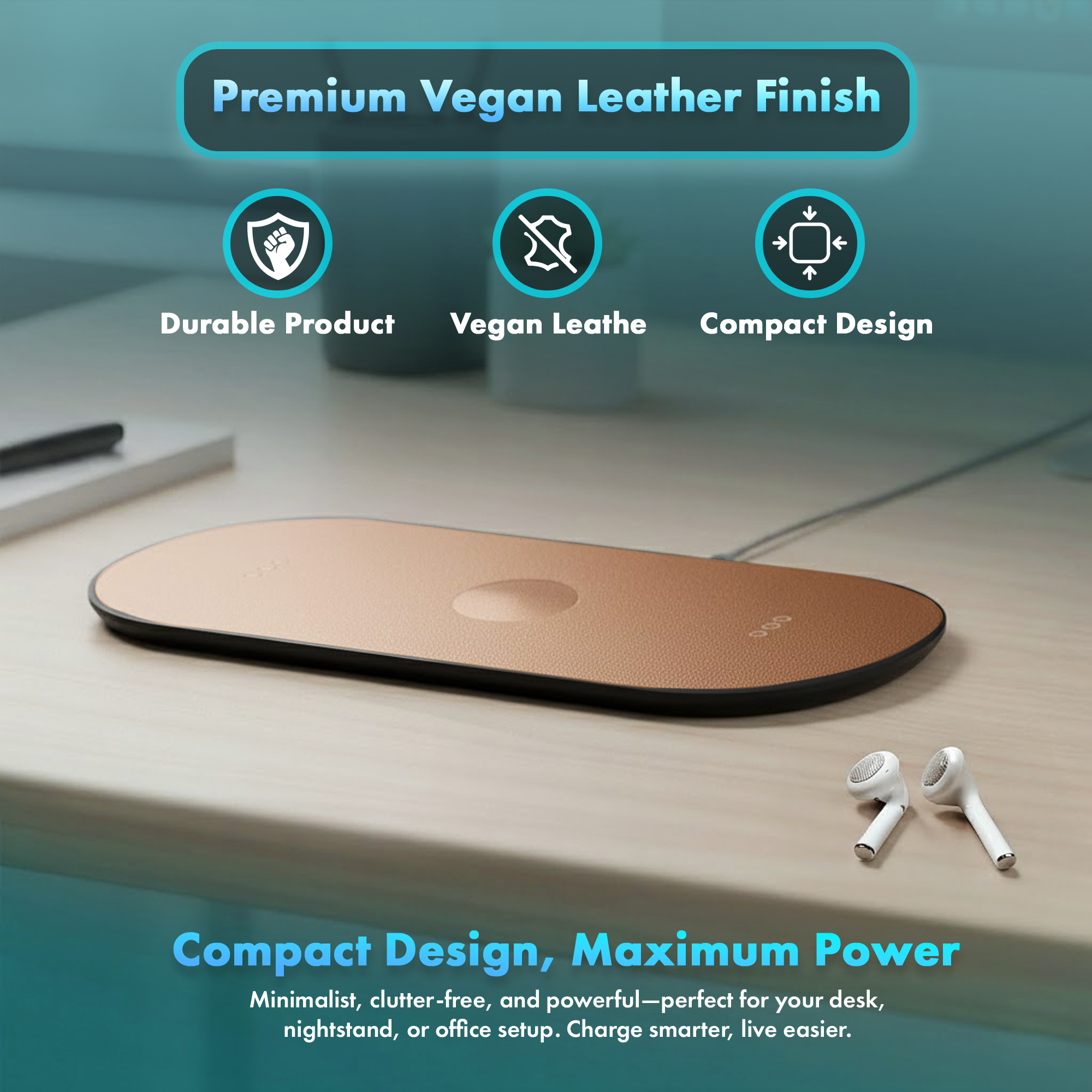 MVMT 15W Wireless Charging Pad Premium Vegan Leather 3-in-1 Fast Charger for Phone, AirPods & Apple Watch