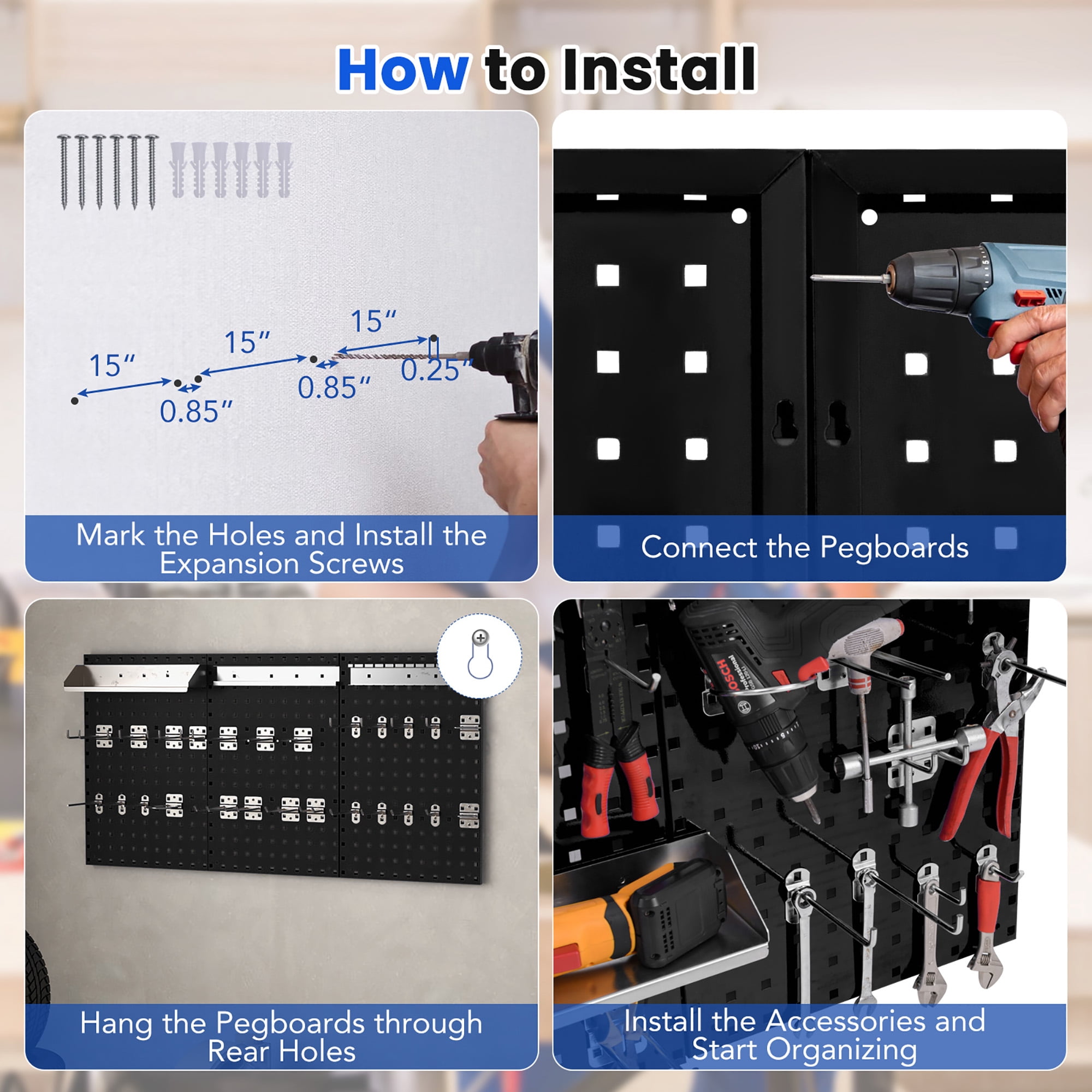 Gymax 3 Pcs Pegboard Wall Organizer w/ 25 Hooks Drill Bit Holder Screwdriver Holder Black