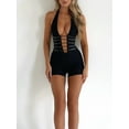 thumbnail image 3 of Musuos Women's Slim Fit Lace Bodysuit Shorts Sleeveless Halter Back Cross Bandage Jumpsuit Party Club Rompers, 3 of 6