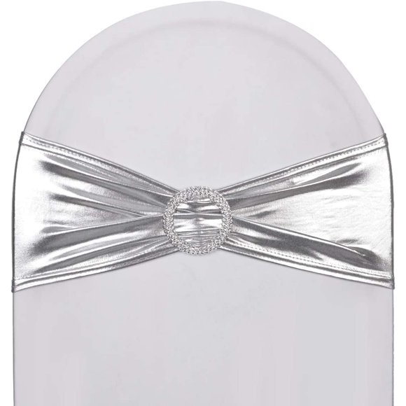 Xiao Hua 10pcs Stretch Spandex Chair Sashes for Christmas Wedding Party Home Decoration Stretch Bows with Buckle Baby Shower Birthday Graduation Meeting(Metallic Silver)