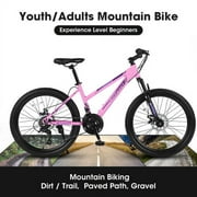 POWANLI 26 Mountain Bike for Women, 21 Speeds Mountain Bicycles with Dual Disc Brakes and 100mm Front Suspension, Pink(Gift)