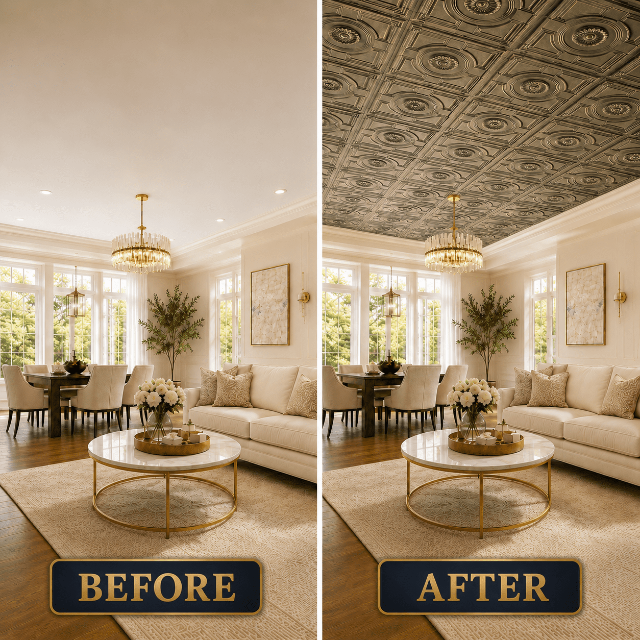 Yeslife 12-Pack Decorative Tiles, 2 x 2 ft, Antique Gold Embossed, Waterproof Drop-in Panels for Ceiling, 48 sq ft