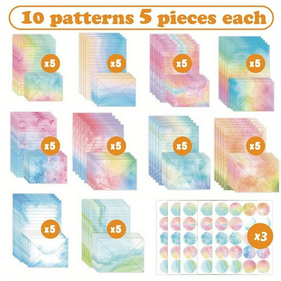 160 Pieces Watercolor Stationary Paper Set 50 Lined Stationery Writing Papers 50 Matching Envelopes 60 Round Sticker Seals, 10 Cute Unique Design