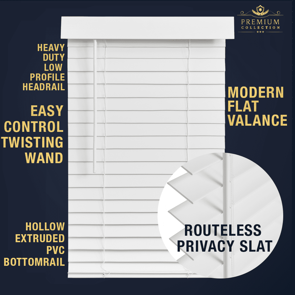 Lotus & Windoware Cordless Faux Wood Blind, Smooth, Bright White, Privacy Slats, Blinds for Indoor Windows, 65" Wide x 60" Long