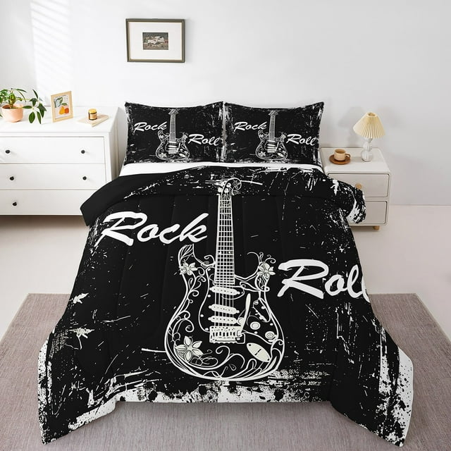 Erosebridal Ensembles de Literie Musique Guitare Simple avec Couette, Insert de Couette Rock and Roll, Décor Instrument de Musique, Réversible