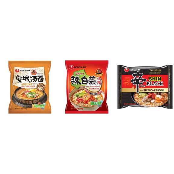 3 Pack Korean NongShim Gourmet Spicy Shin Instant Ramen Noodle, 3 Flavors(Ansung,kimchi,shin black) Plus NineChef Brand Long Handle Coffee Spoon