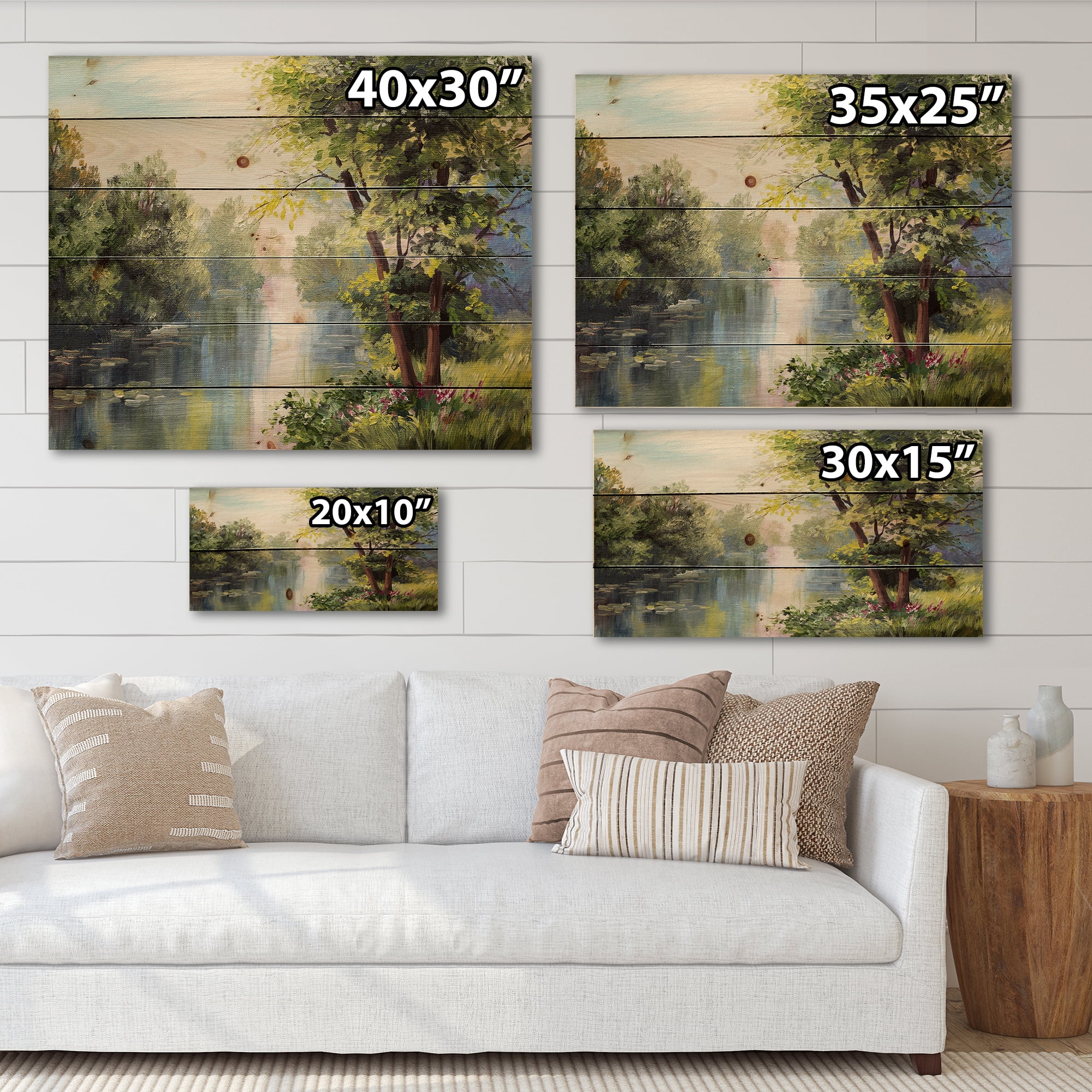 Designart 'Lake In The Forest Summer Day - Landscape' Lake In The Forest Summer Day - Lake House Print on Natural Pine Wood