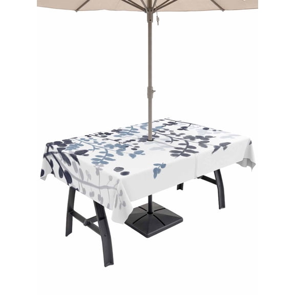 Outdoor Tablecloth with Umbrella Hole and Zipper, Navy Blue Leaves Rectangle Table Cloth 60x84 Inch Waterproof Tablecloth, Summer Botanical Picnic Table Cover for Patio Camping