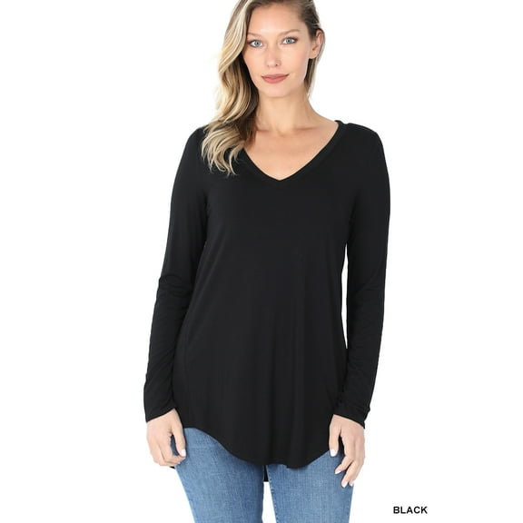 Zenana Women & Plus (S-3X) Soft Rayon Long Sleeve Dolphin Hem V-Neck Tee Shirt Top