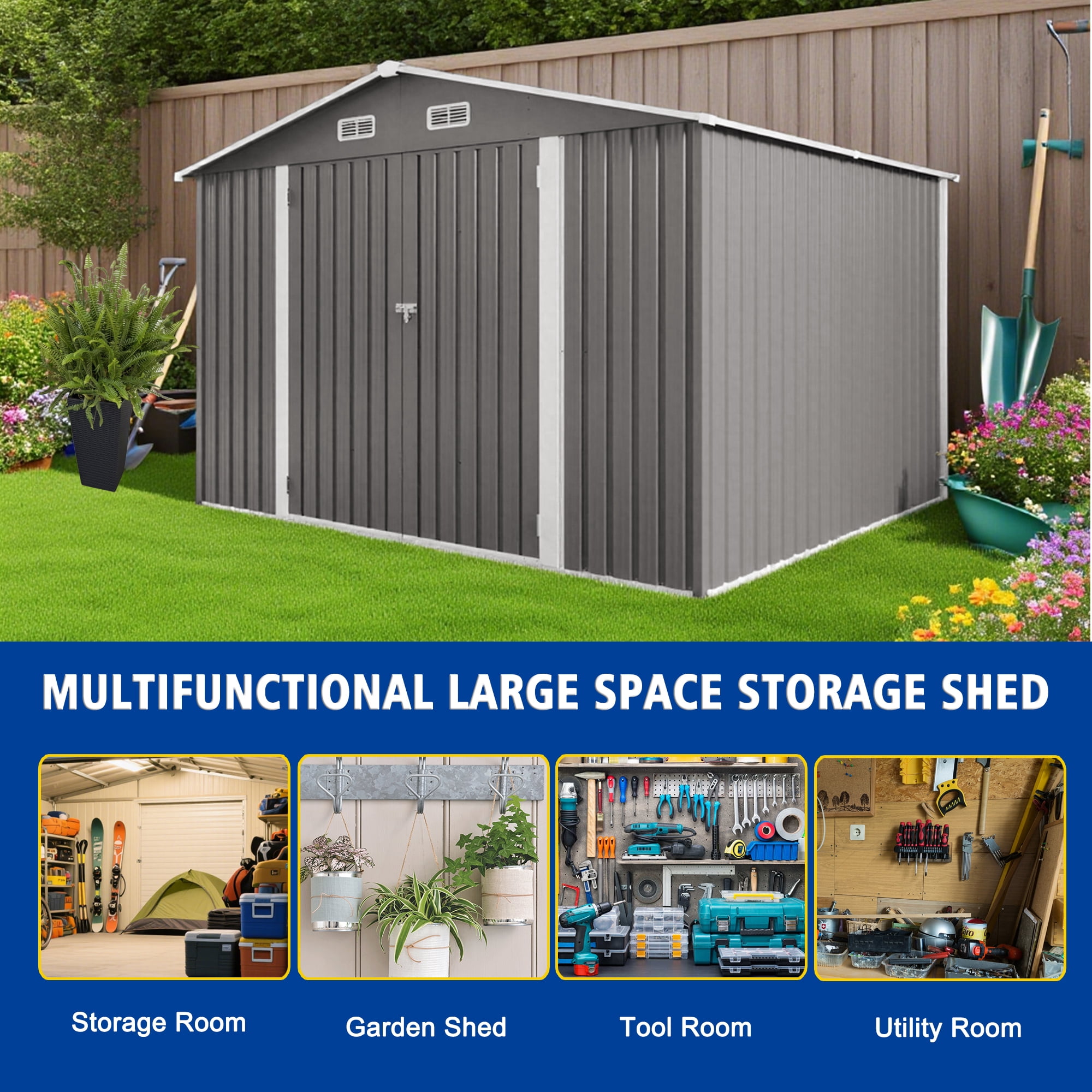 10x8 FT Outdoor Metal Storage Shed with Lockable Double Doors, Clear Window & Air Vent, Large Garden Tool Shed for Lawn Mowers, Bikes, Patio Furniture, Trash Bins, Backyard, Gray