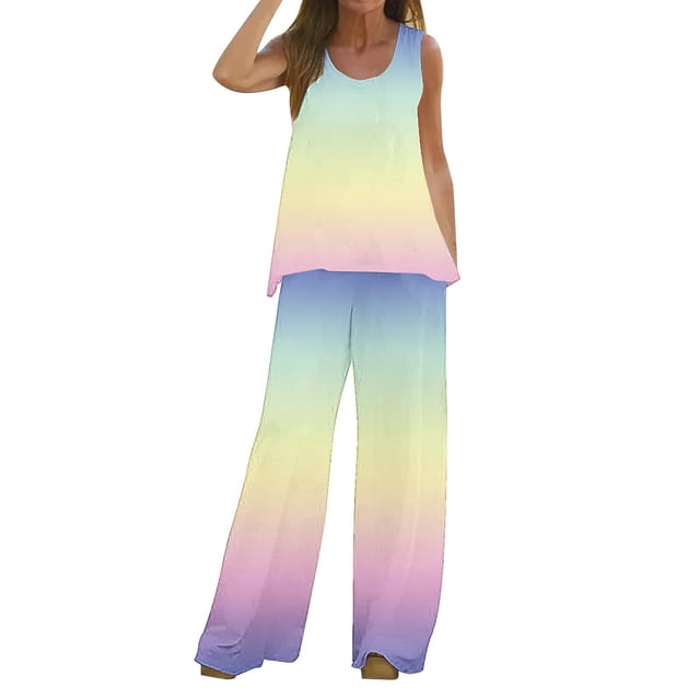Mikilon Ensemble Élégant pour Femmes 2 Pcs Débardeur Imprimé Décontracté Sans Manches Col Rond Jaune TG