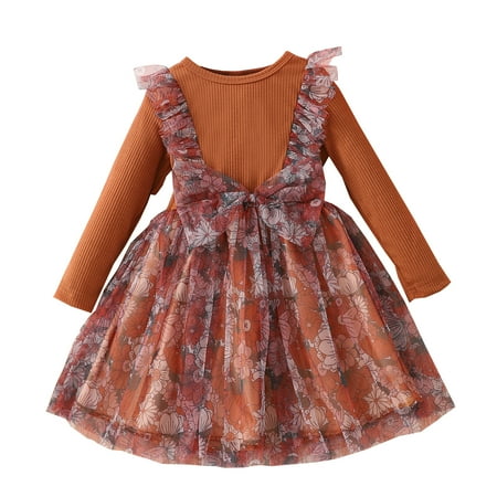 

Xutthjh Toddler Baby Girls Clothing Spring Autumn Floral Printed Long Sleeve Ruffled Lace Princess Dress