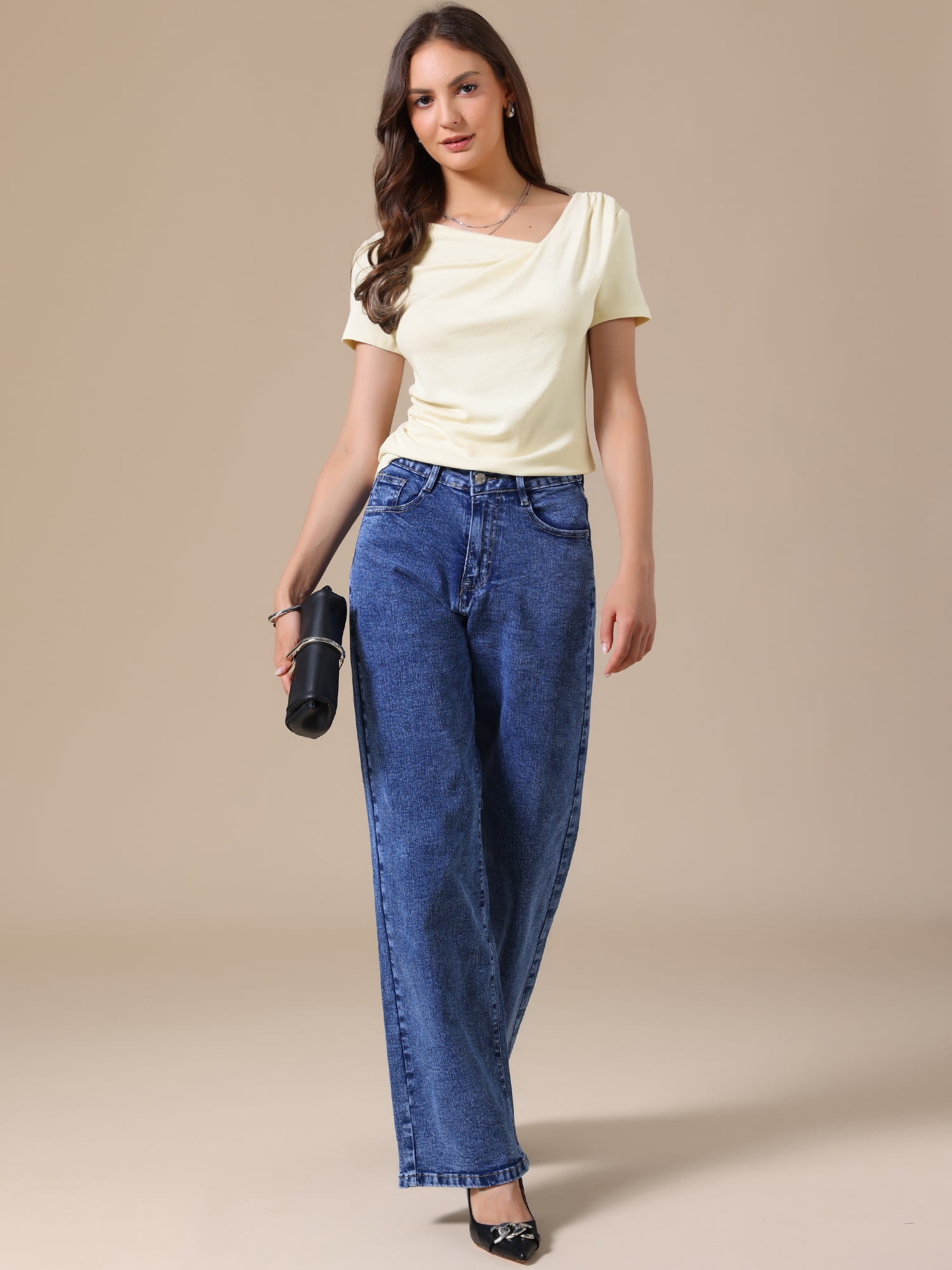 DARING DIVA Women's Short Sleeves Top Ruched Going Out Crop Slim Tee Blouse L Apricot